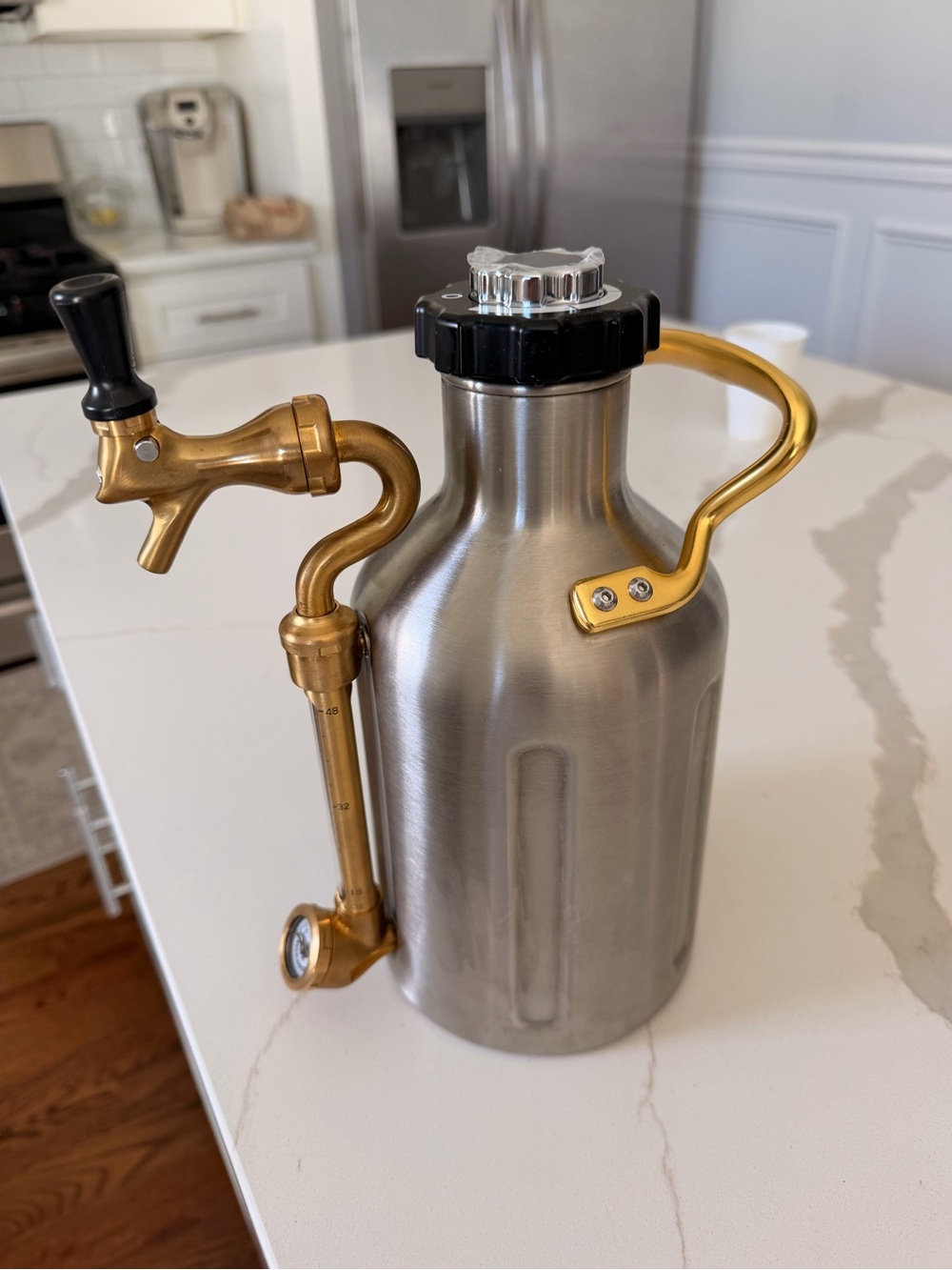 Stainless Steel Growler with Brass Tap and Handle - Silver and Gold